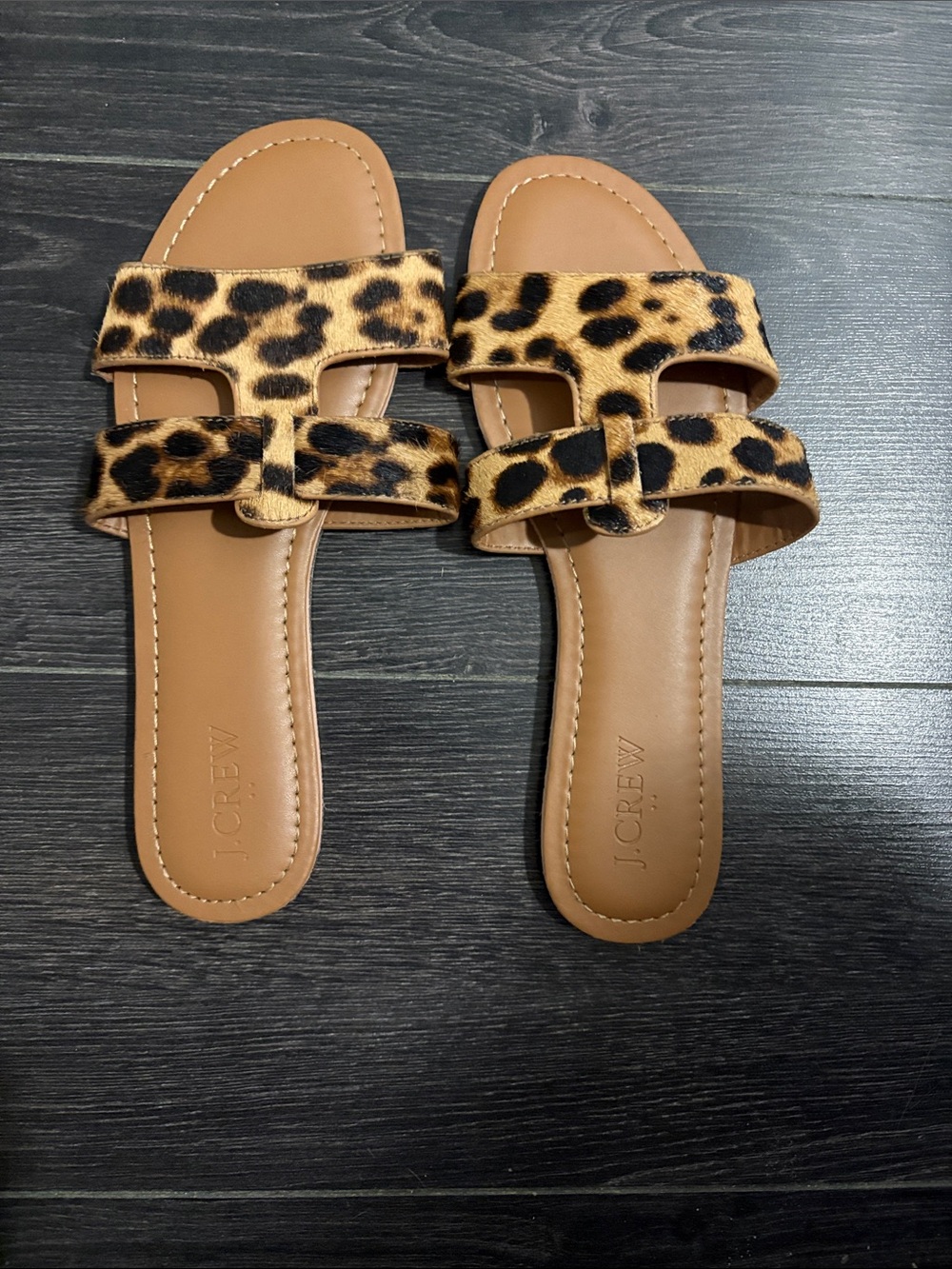 J. Crew Leopard Print Slide Sandals in Tan and Black